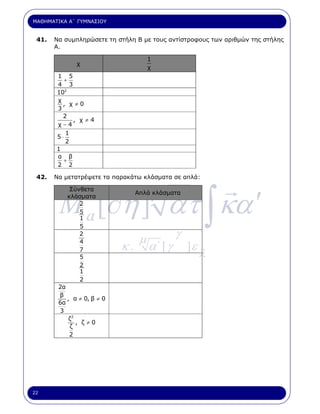 ΜΑΘΗΜΑΤΙΚΑ Α΄ ΓΥΜΝΑΣΙΟΥ


 41.   Να συµπληρώσετε τη στήλη Β µε τους αντίστροφους των αριθµών της στήλης
       Α.

                                      1
              χ
                                      χ
       1 5
          +
       4 3
       102
       χ
         , χ≠0
       3
         2
            , χ≠4
       χ−4
          1
       5⋅
          2
       1
       α β
         +
       2 2

 42.   Να µετατρέψετε τα παρακάτω κλάσµατα σε απλά:




        M a [∂η ] ατ ∫ κα ′
            Σύνθετα
           κλάσµατα
               2
                                          µ
                                 Απλά κλάσµατα


               5
               1
               5
               2
                                  µ            γ
               4
                            κ.        α΄ [ γ       ]ε
               7
               5                                        λ
               2
               1
               2
        2α
        β
           , α ≠ 0, β ≠ 0
        6α
        3
            ζ2
               , ζ≠0
            ζ
            2




22
 