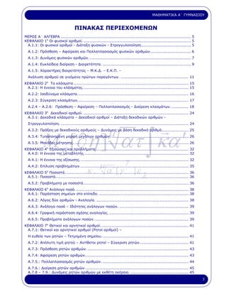 ΜΑΘΗΜΑΤΙΚΑ Α΄ ΓΥΜΝΑΣΙΟΥ


                                   ΠΙΝΑΚΑΣ ΠΕΡΙΕΧΟΜΕΝΩΝ
ΜΕΡΟΣ Α΄ ΑΛΓΕΒΡΑ ...................................................................................................... 5
ΚΕΦΑΛΑΙΟ 1ο Οι φυσικοί αριθµοί. .................................................................................... 5
 Α.1.1: Οι φυσικοί αριθµοί - ∆ιάταξη φυσικών - Στρογγυλοποίηση....................................... 5
  Α.1.2: Πρόσθεση – Αφαίρεση και Πολλαπλασιασµός φυσικών αριθµών................................ 6
  Α.1.3: ∆υνάµεις φυσικών αριθµών. ............................................................................... 7
  Α.1.4: Ευκλείδεια διαίρεση - ∆ιαιρετότητα. ..................................................................... 9
  Α.1.5: Χαρακτήρες διαιρετότητας – Μ.Κ.∆. – Ε.Κ.Π. –
  Ανάλυση αριθµού σε γινόµενο πρώτων παραγόντων. ..................................................... 11
ΚΕΦΑΛΑΙΟ 2ο Τα κλάσµατα .......................................................................................... 15
 Α.2.1: Η έννοια του κλάσµατος................................................................................... 15
  Α.2.2: Ισοδύναµα κλάσµατα. ...................................................................................... 16
  Α.2.3: Σύγκριση κλασµάτων....................................................................................... 17
  Α.2.4 – Α.2.6: Πρόσθεση – Αφαίρεση – Πολλαπλασιασµός - ∆ιαίρεση κλασµάτων. ............. 18
ΚΕΦΑΛΑΙΟ 3ο ∆εκαδικοί αριθµοί. .................................................................................. 24
 Α.3.1: ∆εκαδικά κλάσµατα – ∆εκαδικοί αριθµοί – ∆ιάταξη δεκαδικών αριθµών -
  Στρογγυλοποίηση. .................................................................................................... 24




             M a [∂η ] ατ ∫ κα ′
                                                            µ
  Α.3.2: Πράξεις µε δεκαδικούς αριθµούς – ∆υνάµεις µε βάση δεκαδικό αριθµό..................... 25
  Α.3.4: Τυποποιηµένη µορφή µεγάλων αριθµών. ............................................................ 26
  Α.3.5: Μονάδες µέτρησης. ......................................................................................... 26
ΚΕΦΑΛΑΙΟ 4ο Εξισώσεις και προβλήµατα......................................................................... 32
 Α.4.0: Η έννοια της µεταβλητής.................................................................................. 32


                                                     µ                  γ
  Α.4.1: Η έννοια της εξίσωσης. .................................................................................... 32
  Α.4.2: Επίλυση προβληµάτων. .................................................................................... 35
                                            κ.            α΄ [ γ              ]ε
                                                                                    λ
ΚΕΦΑΛΑΙΟ 5ο Ποσοστά................................................................................................. 36
 Α.5.1: Ποσοστά........................................................................................................ 36
  Α.5.2: Προβλήµατα µε ποσοστά. ................................................................................. 36
ΚΕΦΑΛΑΙΟ 6ο Ανάλογα ποσά. ........................................................................................ 38
 Α.6.1: Παράσταση σηµείων στο επίπεδο. ...................................................................... 38
  Α.6.2: Λόγος δύο αριθµών - Αναλογία. ........................................................................ 38
  Α.6.3: Ανάλογα ποσά – Ιδιότητες ανάλογων ποσών. ...................................................... 39
  Α.6.4: Γραφική παράσταση σχέσης αναλογίας. .............................................................. 39
  Α.6.5: Προβλήµατα ανάλογων ποσών. ......................................................................... 39
ΚΕΦΑΛΑΙΟ 7ο Θετικοί και αρνητικοί αριθµοί. .................................................................... 41
 Α.7.1: Θετικοί και αρνητικοί αριθµοί (Ρητοί αριθµοί) –
  Η ευθεία των ρητών – Τετµηµένη σηµείου. ................................................................... 41
  Α.7.2: Απόλυτη τιµή ρητού – Αντίθετοι ρητοί – Σύγκριση ρητών. ..................................... 41
  Α.7.3: Πρόσθεση ρητών αριθµών. ............................................................................... 43
  Α.7.4: Αφαίρεση ρητών αριθµών................................................................................. 43
  Α.7.5.: Πολλαπλασιασµός ρητών αριθµών. ................................................................... 44
  Α.7.6.: ∆ιαίρεση ρητών αριθµών. ................................................................................ 45
  Α.7.8 – 7.9.: ∆υνάµεις ρητών αριθµών µε εκθέτη ακέραιο. ............................................. 45
                                                                                                                             3
 