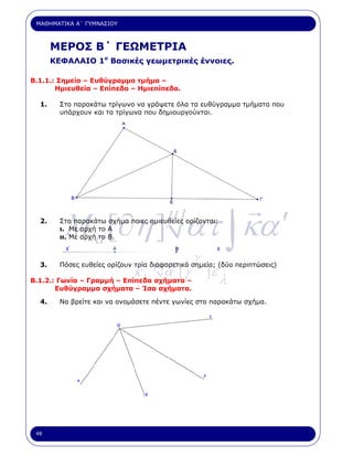 ΜΑΘΗΜΑΤΙΚΑ Α΄ ΓΥΜΝΑΣΙΟΥ



       ΜΕΡΟΣ Β΄ ΓΕΩΜΕΤΡΙΑ
       ΚΕΦΑΛΑΙΟ 1ο Βασικές γεωµετρικές έννοιες.

Β.1.1.: Σηµείο – Ευθύγραµµο τµήµα –
       Ηµιευθεία – Επίπεδο – Ηµιεπίπεδο.

  1.     Στο παρακάτω τρίγωνο να γράψετε όλα τα ευθύγραµµα τµήµατα που
         υπάρχουν και τα τρίγωνα που δηµιουργούνται.




          M a [∂η ] ατ ∫ κα ′
  2.
                                        µ
         Στο παρακάτω σχήµα ποιες ηµιευθείες ορίζονται:
         ι. Με αρχή το Α
         ιι. Με αρχή το Β.



  3.                                µ            γ
         Πόσες ευθείες ορίζουν τρία διαφορετικά σηµεία; (δύο περιπτώσεις)
                              κ.        α΄ [ γ       ]ε
Β.1.2.: Γωνία – Γραµµή – Επίπεδα σχήµατα –
       Ευθύγραµµα σχήµατα – Ίσα σχήµατα.
                                                          λ
  4.     Να βρείτε και να ονοµάσετε πέντε γωνίες στο παρακάτω σχήµα.




 48
 