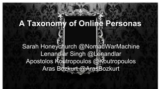 A Taxonomy of Online Personas
Sarah Honeychurch @NomadWarMachine
Lenandlar Singh @Lenandlar
Apostolos Koutropoulos @Koutropoulos
Aras Bozkurt @ArasBozkurt
 