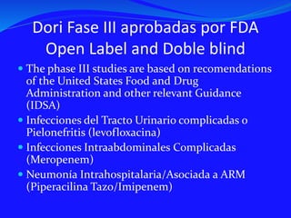Dori Fase III aprobadas por FDA
Open Label and Doble blind
 The phase III studies are based on recomendations
of the United States Food and Drug
Administration and other relevant Guidance
(IDSA)
 Infecciones del Tracto Urinario complicadas o
Pielonefritis (levofloxacina)
 Infecciones Intraabdominales Complicadas
(Meropenem)
 Neumonía Intrahospitalaria/Asociada a ARM
(Piperacilina Tazo/Imipenem)
 