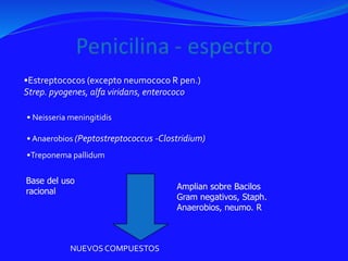 •Estreptococos (excepto neumococo R pen.)
Strep. pyogenes, alfa viridans, enterococo
•Treponema pallidum
NUEVOSCOMPUESTOS
Amplian sobre Bacilos
Gram negativos, Staph.
Anaerobios, neumo. R
• Neisseria meningitidis
• Anaerobios (Peptostreptococcus -Clostridium)
Base del uso
racional
 