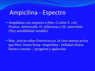 Ampicilina - Espectro
 Ampliaban con respecto a Peni. G sobre E. coli,
Proteus, Salmonella, H. influenzae y M. catarrhalis
(Hoy sensibilidad variable)
 Muy activas sobre Enterococcus, in vitro menos activa
que Peni. frente Strep. Ampicilina : Utilidad clínica
frente a neumo / pyogenes y agalactiae
 
