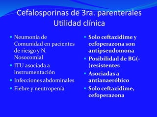 Cefalosporinas de 3ra. parenterales
Utilidad clínica
 Neumonía de
Comunidad en pacientes
de riesgo y N.
Nosocomial
 ITU asociada a
instrumentación
 Infecciones abdominales
 Fiebre y neutropenía
 Solo ceftazidime y
cefoperazona son
antipseudomona
 Posibilidad de BG(-
)resistentes
 Asociadas a
antianaeróbico
 Solo ceftazidime,
cefoperazona
 