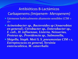 Antibióticos B-Lactámicos
Carbapenems (Imipenem- Meropenem)
 Gérmenes habitualmente altamente sensibles (CIM <
1)=
 Acinetobacter sp., Bacteroides sp (Anaerobios
en general), Citrobacter sp., Enterobacter sp.,
E. coli., H. influenzae, Listeria, Neisserias,
Proteus sp., Providencia sp., Salmonella,
 Shigella, Staph. Meti S, S. pneumoniae CIM < 1,
Estreptococos en general, Yersinia
enterocolítica, M. catarrhalis
 