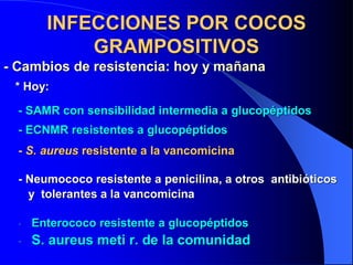INFECCIONES POR COCOSINFECCIONES POR COCOS
GRAMPOSITIVOSGRAMPOSITIVOS
-- EnterococoEnterococo resistente aresistente a glucopglucopééptidosptidos
-- S.S. aureusaureus metimeti r. de la comunidadr. de la comunidad
-- Cambios de resistencia: hoy y maCambios de resistencia: hoy y maññanaana
-- S.S. aureusaureus resistente a la vancomicinaresistente a la vancomicina
-- SAMR con sensibilidad intermedia aSAMR con sensibilidad intermedia a glucopglucopééptidosptidos
* Hoy:* Hoy:
-- ECNMR resistentes aECNMR resistentes a glucopglucopééptidosptidos
-- Neumococo resistente a penicilina, a otros antibiNeumococo resistente a penicilina, a otros antibióóticosticos
y tolerantes a la vancomicinay tolerantes a la vancomicina
 