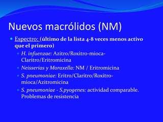 Nuevos macrólidos (NM)
 Espectro: (último de la lista 4-8 veces menos activo
que el primero)
 H. infuenzae: Azitro/Roxitro-mioca-
Claritro/Eritromicina
 Neisserias y Moraxella: NM / Eritromicina
 S. pneumoniae: Eritro/Claritro/Roxitro-
mioca/Azitromicina
 S. pneumoniae - S.pyogenes: actividad comparable.
Problemas de resistencia
 