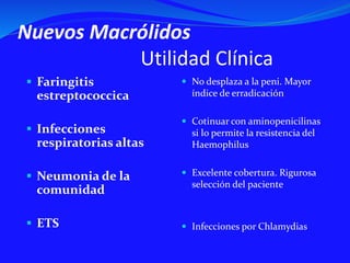 Nuevos Macrólidos
Utilidad Clínica
 Faringitis
estreptococcica
 Infecciones
respiratorias altas
 Neumonia de la
comunidad
 ETS
 No desplaza a la peni. Mayor
índice de erradicación
 Cotinuar con aminopenicilinas
si lo permite la resistencia del
Haemophilus
 Excelente cobertura. Rigurosa
selección del paciente
 Infecciones por Chlamydias
 