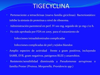 TIGECYCLINA
• Perteneciente a tetracilcinas (nueva familia giciclinas). Bacteriostático:
inhibe la síntesis de proteínas a nivel de ribosoma.
• Administración parenteral en perf. IV 100 mg, seguido de 50 mg c/12 h.
• Ha sido aprobada por FDA en 2005 para el tratamiento de
• Infecciones intraabdominales complicadas
• Infecciones complicadas de piel y tejidos blandos
• Amplio espectro de actividad frente a gram positivos, incluyendo
SAMR, EVR, gram negativos, patógenos BLEE y anaerobios.
• Resistente/sensibilidad disminuida a Pseudomonas aeruginosa o
familia Protae (Proteus, Morganella, Providencia spp.)
 