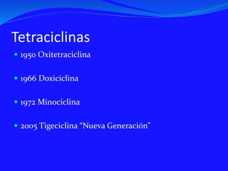 Tetraciclinas
 1950 Oxitetraciclina
 1966 Doxiciclina
 1972 Minociclina
 2005 Tigeciclina “Nueva Generación”
 