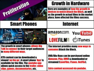 Here are examples of how the growth in
devices to watch Attack the Block, as well
as the growth in actual films in the market
place, have affected the films success.
Growth in Hardware
The growth in smart phones allows Big
Talk to connect to their target audiences
in many different ways.
ATB content can be downloaded &
viewed ‘on the go’. A smart phone ‘App’ is
available for the film. The youtube app
allows quick access to the trailer, video
clips, games, documentaries, etc.
Smart Phones
The internet provides many new ways to
consume Attack the Block.
DVD/Blu-Rays can be purchased online
(Amazon, Play, HMV) & downloaded or
streamed (LoveFilm, iTunes. NetFlix).
Extra content accessed via youtube.
Internet
 