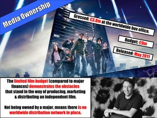 The limited film budget (compared to major
finances) demonstrates the obstacles
that stand in the way of producing, marketing
& distributing an independent film.
Not being owned by a major, means there is no
worldwide distribution network in place.
Released: May 2011
Budget: £9m
Grossed: £3.8m at the worldwide box office.
 