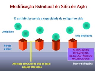 Modificação Estrutural do Sítio de AçãoModificação Estrutural do Sítio de Ação
Interior da bactéria
Parede
Celular
Sítio Modificado
Antibiótico
Alteração estrutural do sítio de ação:
Ligação bloqueada
O antibiótico perde a capacidade de se ligar ao sítio
QUINOLONAS
RIFAMPICINA
BETA LACTÂMICOS
MACROLIDEOS
 