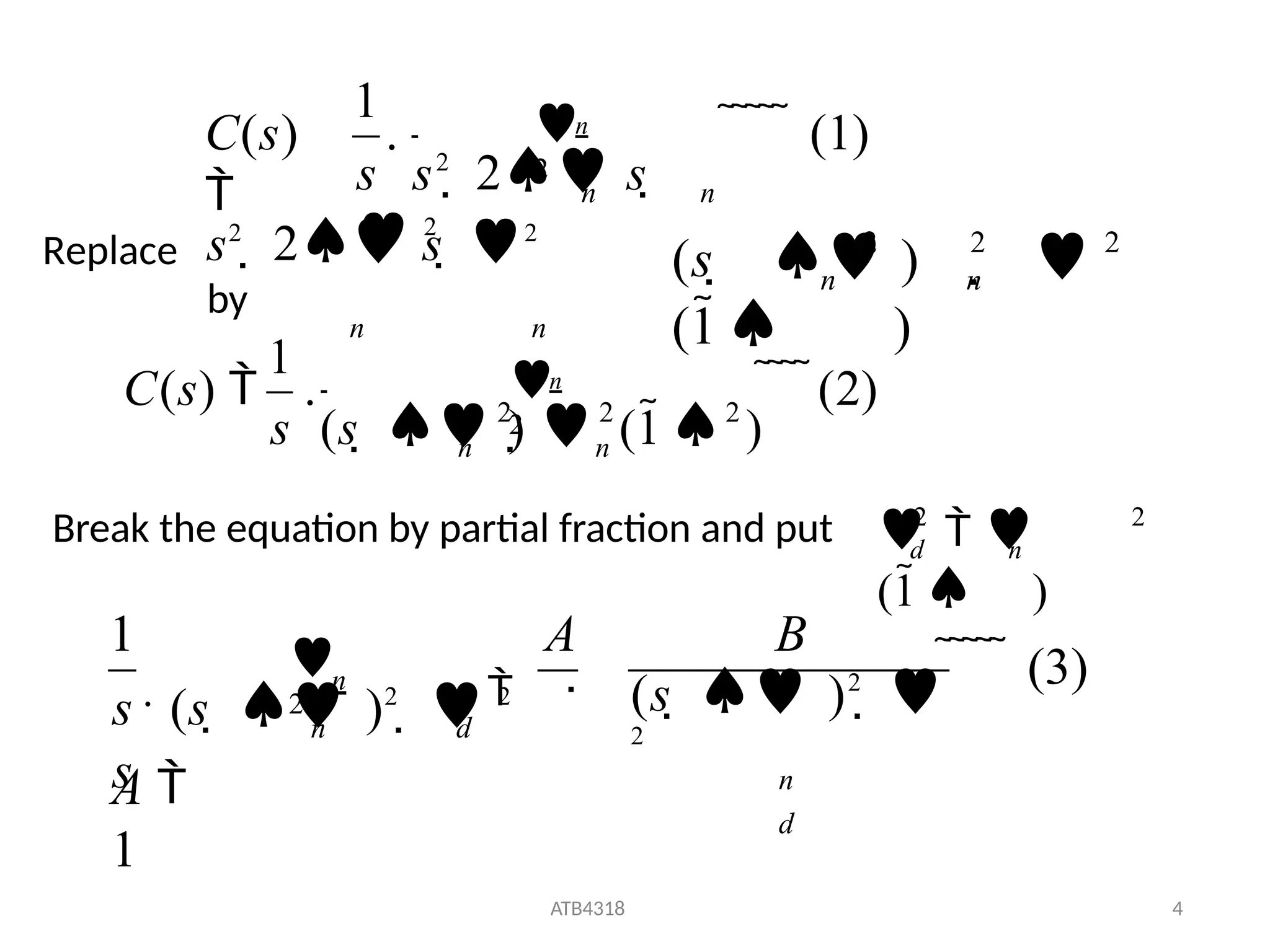 s2
 2 s  2
by
n n
1
C(s)
 n
n

2
. n
     (1)
s s2
 2 s 
 2
Replace 2 2 2
n n
(s   )  
(1 )
Break the equation by partial fraction and put 2 2
2
  
(1 )
n
d
A 
1
     (3)
(s   )2
 
2
n
d
1

A B
n d
. n

s (s   )2
  2
s

2
1
ATB4318 4
2 2 2

2
n n
s (s   )  (1 )
C(s)  . n
   (2)
 