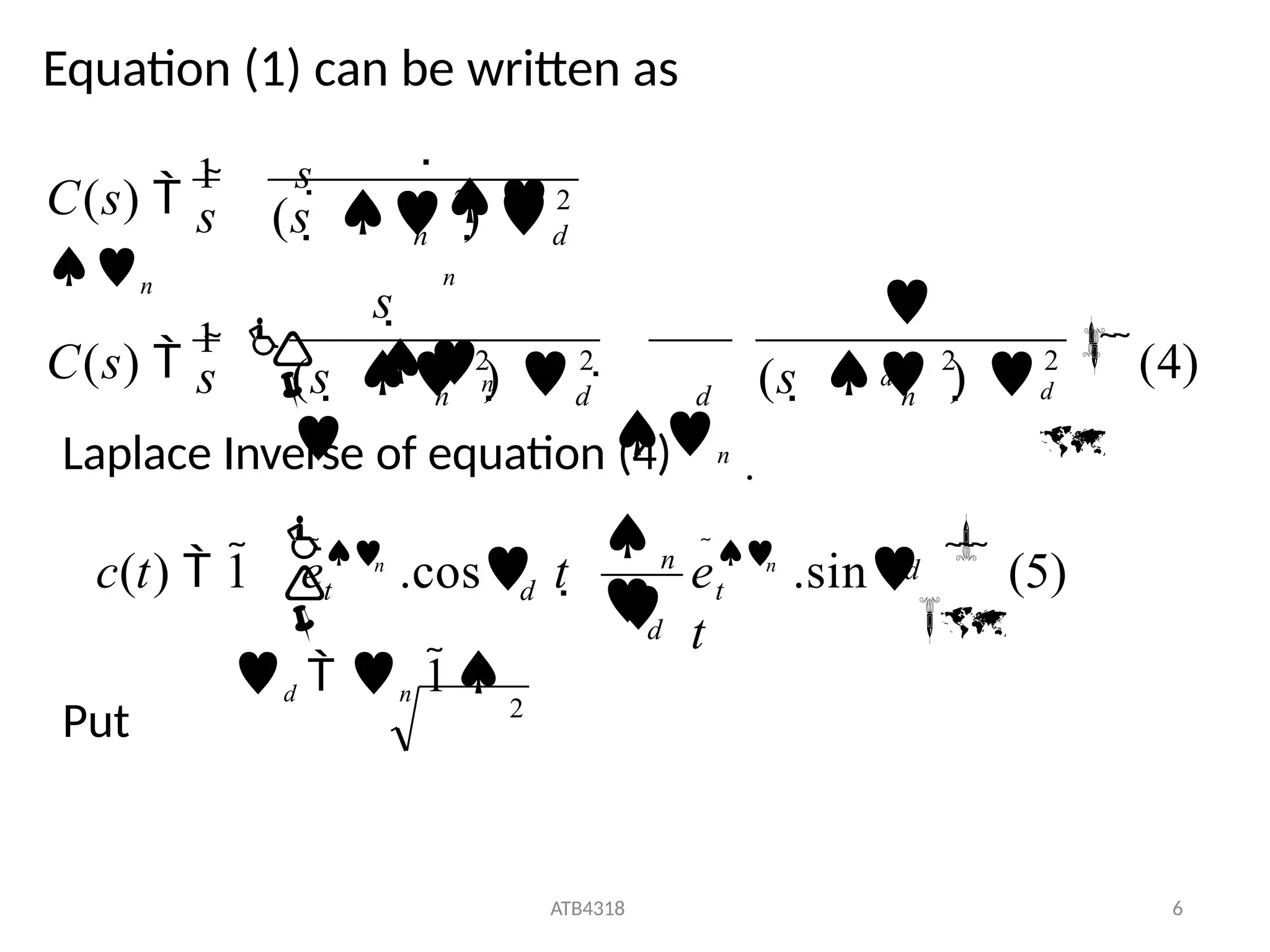 Equation (1) can be written as

n
.
2
2
2 2
2
2


 (4)
d



s 
n


n
n
(s   ) 

d
d
n d
d
n
s (s   ) 
C(s) 
1

s 
n
s
C(s) 
1


(s   ) 

Laplace Inverse of equation (4)
   (5)


d



c(t)  1 e
d
n
d
n
e .sin
t

t
n
.cos t 

t




d  n 1
2
ATB4318 6
Put
 