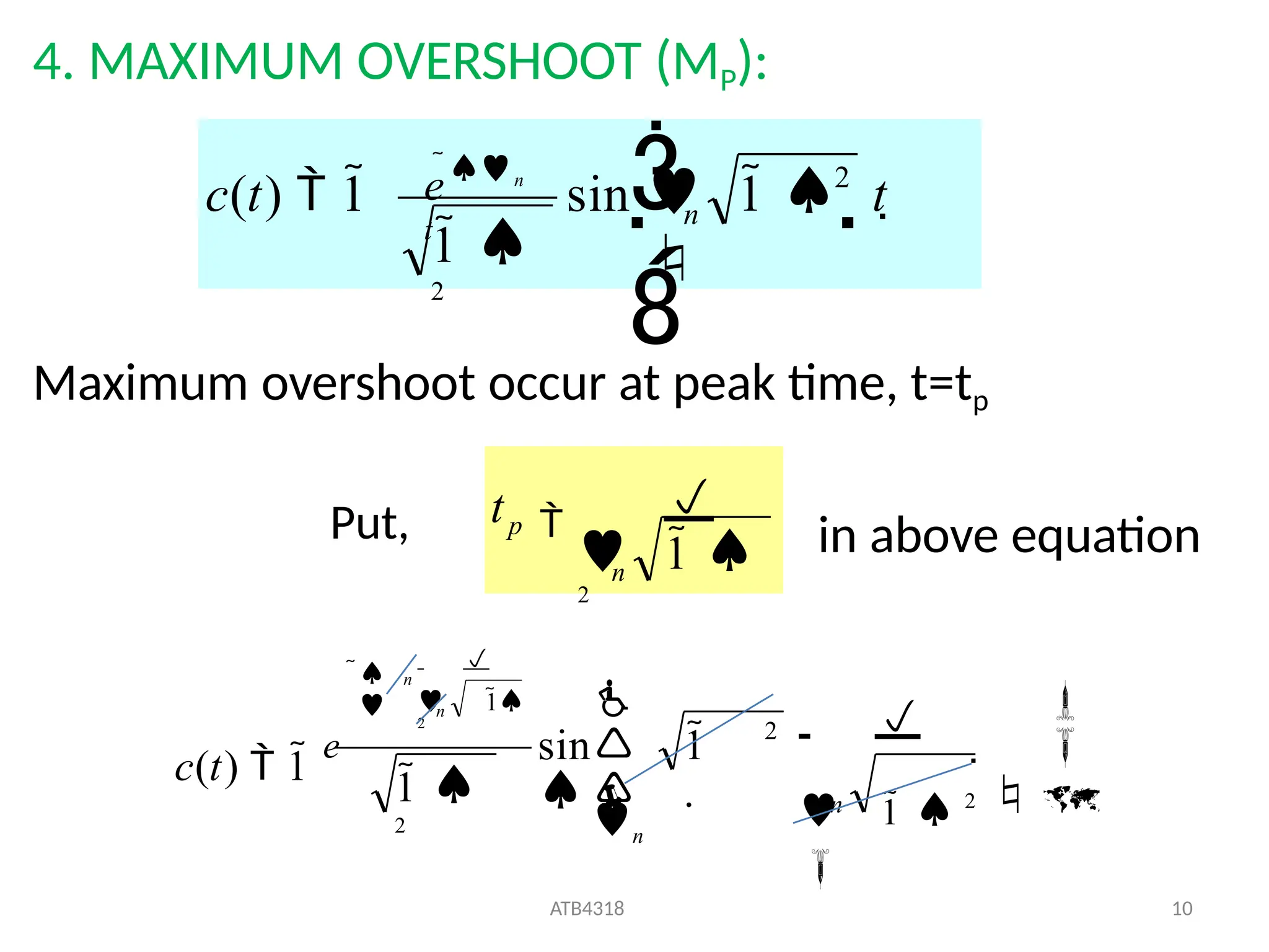 4. MAXIMUM OVERSHOOT (MP):
Maximum overshoot occur at peak time, t=tp
in above equation
 

n
en
t
2
 1  t 

1 
2
c(t)  1 sin
 1 
2


n
p
t
Put,







1 
2
c(t)  1
e




2
 1  2


sin 1
 . n

n
n
n
 1
2
ATB4318 10
 