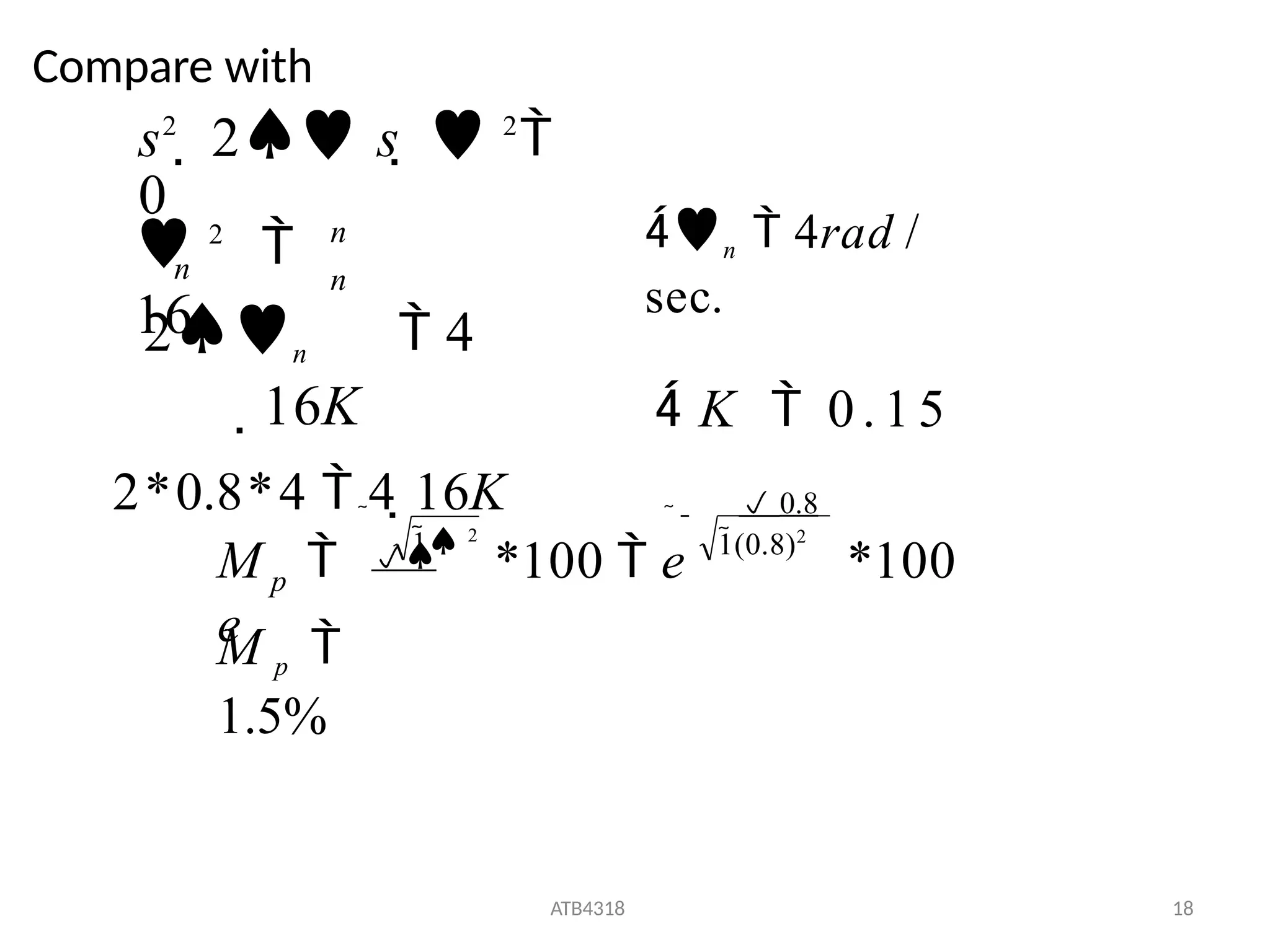Compare with
s2
 2 s   2

0
n
n
 2

16
n
2n  4
16K
2*0.8*4  4 16K
n  4rad /
sec.
 K  0.15
p
M p 
1.5%
ATB4318 18
1(0.8)2
*100  e *100

 0.8
M 
e
1 2


 
