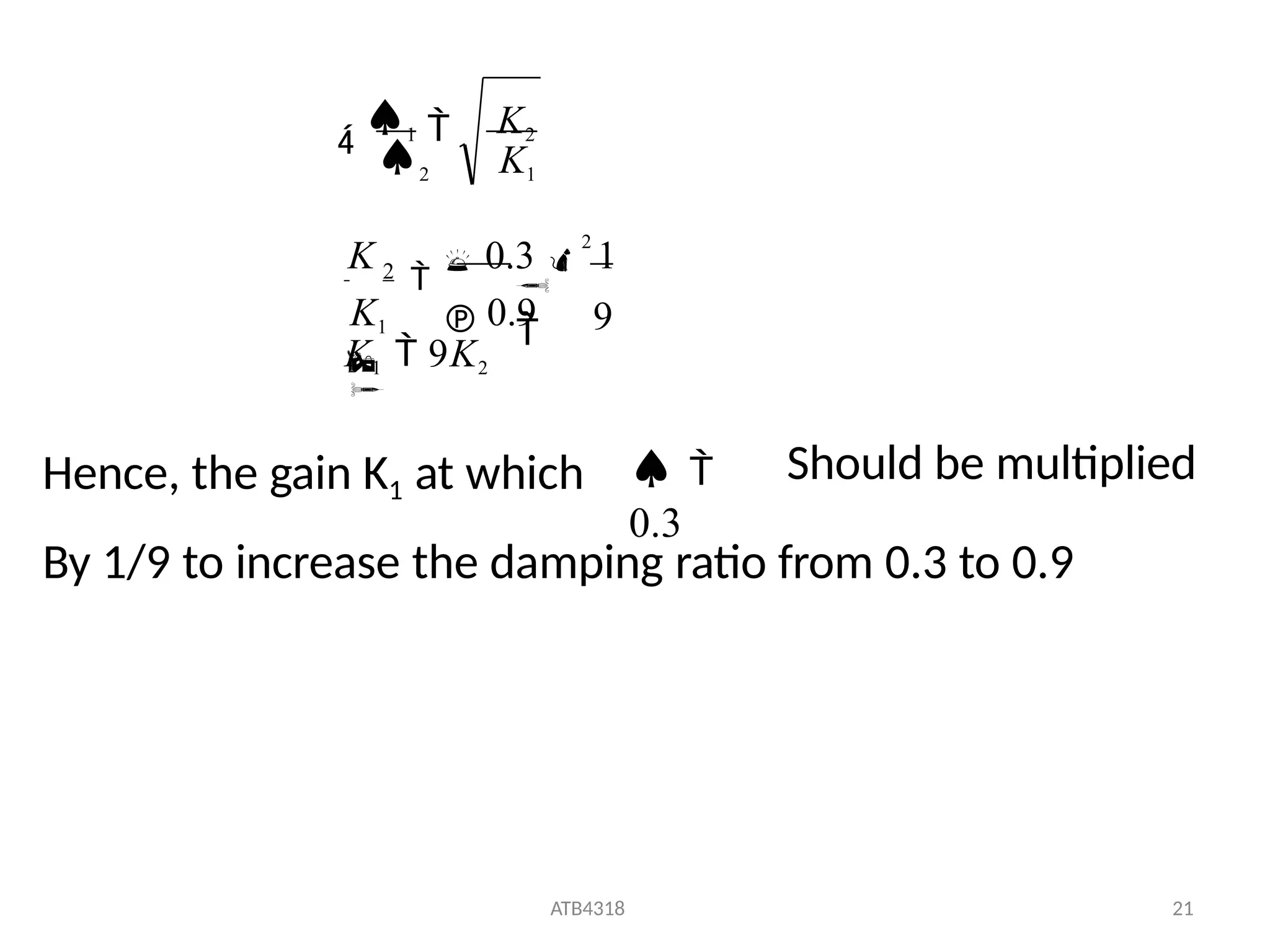 K1  9K2
ATB4318 21


K1  0.9

K  0.3 
2
1
9
2



2 K1

1 K2
Hence, the gain K1 at which  
0.3
Should be multiplied
By 1/9 to increase the damping ratio from 0.3 to 0.9
 
