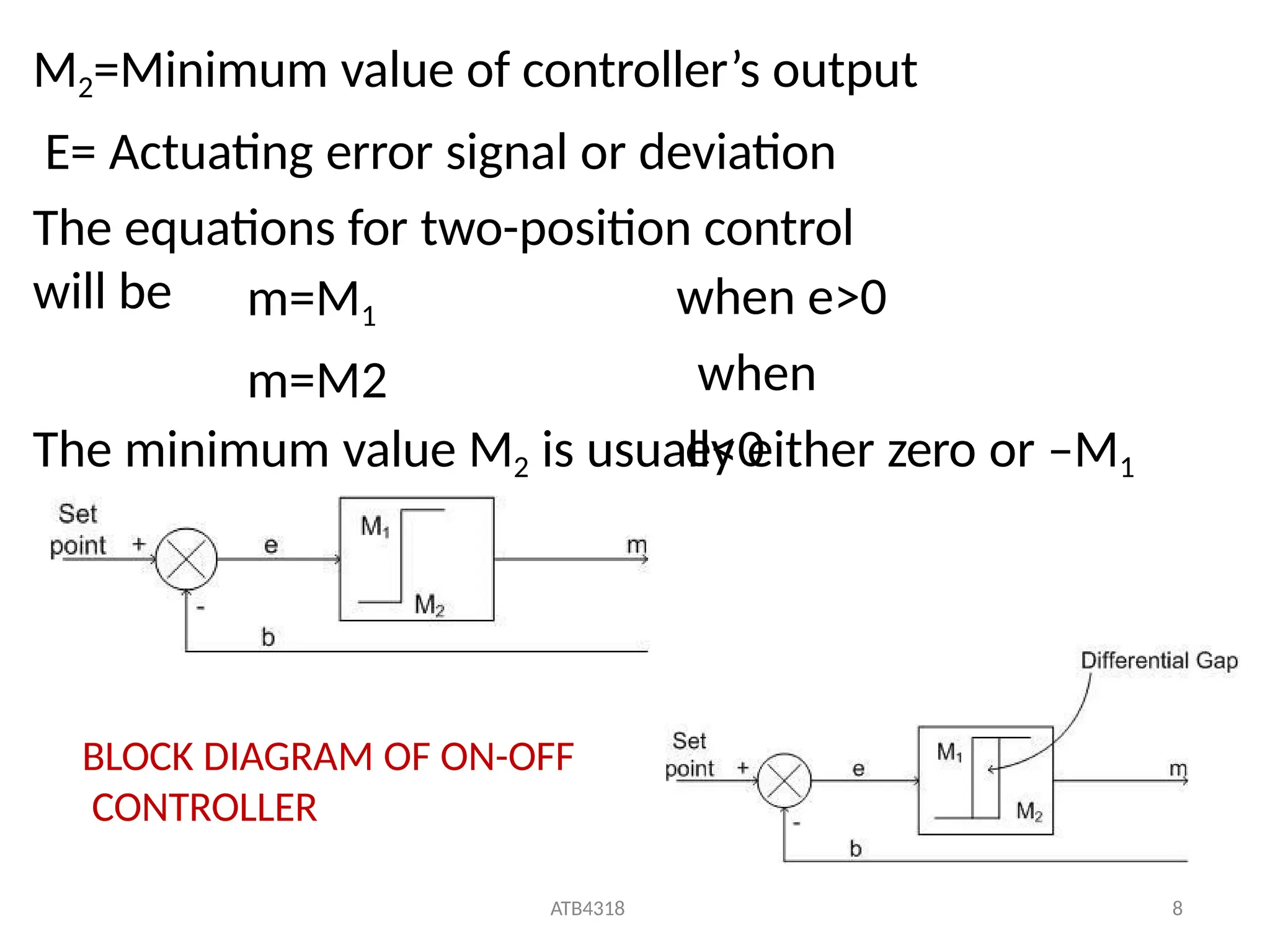 M2=Minimum value of controller’s output
E= Actuating error signal or deviation
The equations for two-position control
will be m=M1
m=M2
when e>0
when
e<0
The minimum value M2 is usually either zero or –M1
BLOCK DIAGRAM OF ON-OFF
CONTROLLER
ATB4318 8
 