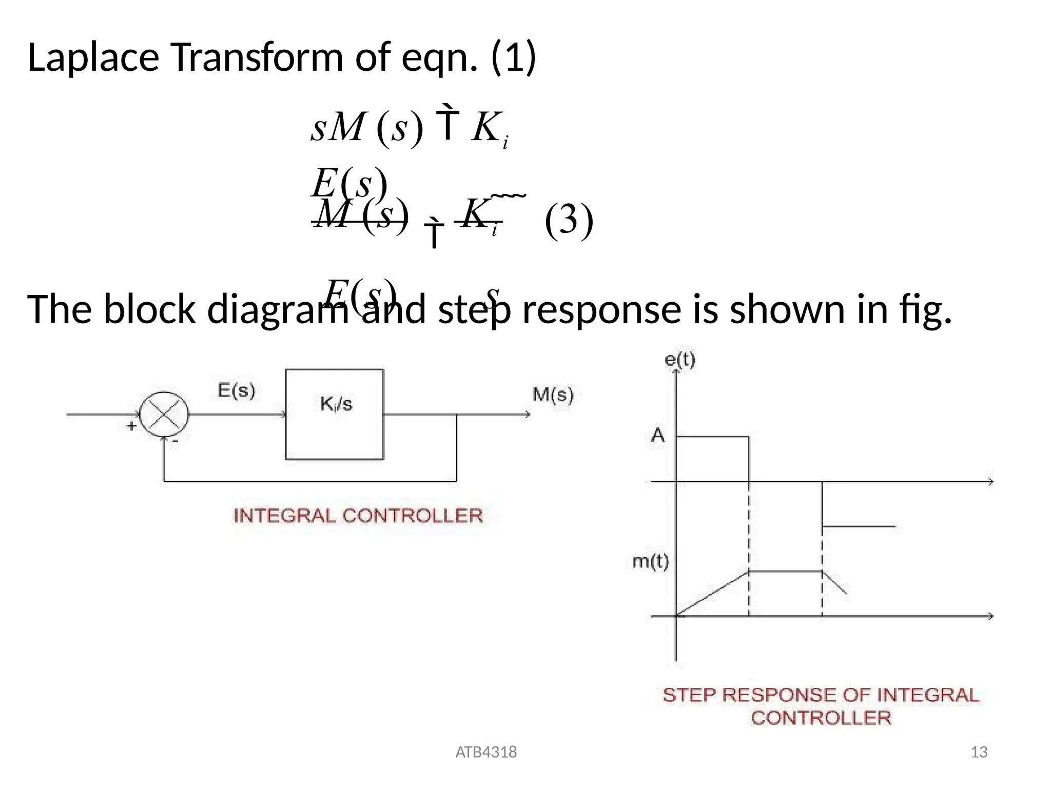 Laplace Transform of eqn. (1)
The block diagram and step response is shown in fig.
   (3)
M (s)

Ki
E(s) s
sM (s)  Ki
E(s)
ATB4318 13
 