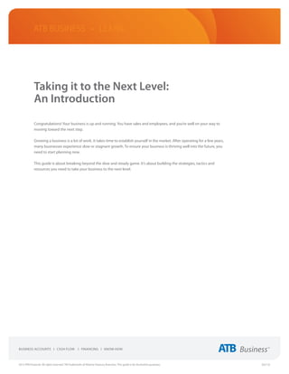 ATB Business • LEARN




             Taking it to the Next Level:
             An Introduction
             Congratulations! Your business is up and running. You have sales and employees, and you’re well on your way to
             moving toward the next step.

             Growing a business is a lot of work. It takes time to establish yourself in the market. After operating for a few years,
             many businesses experience slow or stagnant growth. To ensure your business is thriving well into the future, you
             need to start planning now.

             This guide is about breaking beyond the slow and steady game. It’s about building the strategies, tactics and
             resources you need to take your business to the next level.




2013 ATB Financial. All rights reserved. TM Trademarks of Alberta Treasury Branches. This guide is for illustrative purposes.           (02/13)
 