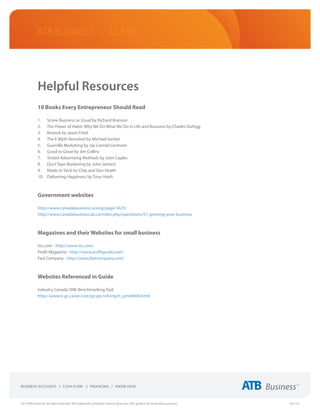 ATB Business • LEARN




             Helpful Resources
             10 Books Every Entrepreneur Should Read

             1.	     Screw Business as Usual by Richard Branson
             2. 	    The Power of Habit: Why We Do What We Do in Life and Business by Charles Duhigg
             3. 	    Rework by Jason Fried
             4. 	    The E Myth Revisited by Michael Gerber
             5. 	    Guerrilla Marketing by Jay Conrad Levinson
             6. 	    Good to Great by Jim Collins
             7. 	    Tested Advertising Methods by John Caples
             8. 	    Duct Tape Marketing by John Jantsch
             9. 	    Made to Stick by Chip and Dan Heath
             10. 	   Delivering Happiness by Tony Hsieh



             Government websites

             http://www.canadabusiness.ca/eng/page/3425/
             http://www.canadabusiness.ab.ca/index.php/operations/51-growing-your-business



             Magazines and their Websites for small business

             Inc.com - http://www.inc.com/
             Profit Magazine - http://www.profitguide.com/
             Fast Company - http://www.fastcompany.com/



             Websites Referenced in Guide

             Industry Canada SME Benchmarking Tool
             http://www.ic.gc.ca/eic/site/pp-pp.nsf/eng/h_pm00000.html




2013 ATB Financial. All rights reserved. TM Trademarks of Alberta Treasury Branches. This guide is for illustrative purposes.   (02/13)
 