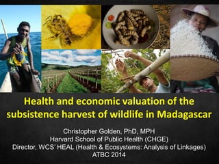Christopher Golden, PhD, MPH
Harvard School of Public Health (CHGE)
Director, WCS’ HEAL (Health & Ecosystems: Analysis of Linkages)
ATBC 2014
Health and economic valuation of the
subsistence harvest of wildlife in Madagascar
 