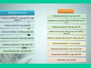 2da generación
Cefoxitina ( Mefoxin): I: 2g cada 4h o 3gr
cada 6h
Cefaclor (ceclor) O: 1gr cada 8h
Cefprozilo (CEFZIL): O:500mg cada 12 h
Cefuroxima (zinacef): I hasta 3gr cada 8 h
Cefotetan (cefotan) I: 2-3gr cada 12h
Ceforanida (precef) I: 1gr cada 12h
3era generación
Cefotaxima (claforan) I: 2gr cada 4-8h
Cefpodoxima proxetilo (Vantin) O:200-400 mg cada
12 h
Ceftibuten (Cedax) O: 400 mg cada 24h
Cefdinir (Omnicef) O: 300 mg cada 12h o 600mg
cada 24h
Cefditorrea pivoxilo (Spectracef) O: 40mg cada 12h h
Cefrizomina (Cefizox) I : 3-4 gr cada 8h
Ceftriaxona (Rochephin) I: 2gr cada 12-24h
Cefoperazona (cefobid) I: 1.5gr cada 6-8h
Ceftazidima: I 2gr cada 8h
 