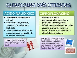 ACIDO NALIDIXICO
• Tratamiento de infecciones
urinarias
• Escherichia Coli, Proteus,
Shiguella, Enterobacter y
Klebsiella
• Se emplea en estudios de los
mecanismos de regulación de
la división bacteriana
DOSIS: 1 g cada 6 h (oral);
niños: 50 mg/kg/día cada
6-12 h
CIPROFLOXACINO
• De amplio espectro
• Activo contra bacterias Gram
positivas y Gram negativas
• Infecciones causadas por bacterias
como la neumonía; gonorrea,
fiebre tifoidea, infecciones de la
piel, abdomen, próstata
DOSIS: 250-750 mg cada 12h
(oral); 1000mg cada 24 h
(oral); 200-400mg cada 12 h
(IV); niños: 5-15 mg/kg/12 h
(oral); 4-8 mg/kg /12 h (IV
 