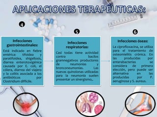 Infecciones
gastrointestinales:
Está indicado en fiebre
entérica: tifoidea y
paratifoidea, shigellosis,
diarrea enterotoxigénica
causada por E. coli, el
cólera, diarrea del viajero
y la colitis asociada a los
antibióticos por
Clostridium difficile.
Infecciones
respiratorias:
Casi todas tiene actividad
contra bacilos
gramnegativos productores
de neumonías y
bronconeumonías. Las
nuevas quinolonas utilizadas
para la neumonía suelen
presentar un sinergismo,.
Infecciones óseas:
La ciprofloxacina, se utiliza
para el tratamiento de
osteomielitis crónica. En
las producidas por
enterabacterias se
considera de primera
elección, pero puede ser
alternativa en las
producidas por P.
aeruginosa y S. aureus.
4
5 6
 