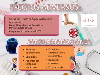 • Rotura del tendón de Aquiles o tendinitis
• Leucopenia
• Eosinofilia y elevación leve de las
transaminasas séricas
• Alargamiento del intervalo QTc
• Pacientes
hipersensibles
• Epilépticos
• Pacientes con
trastornos
tendinosos
• En niños o
adolescentes en
crecimientos.
• Durante el
embarazo
• En la lactancia.
 