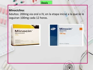 Minociclina:
Adultos: 200mg via oral o IV, en la etapa inicial a la que se le
seguiran 100mg cada 12 horas.
Dosis
 