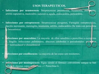 USOS TERAPEUTICOS.
• Infecciones por neumococos: Streptococcus pneumonia, Neumonía, meningitis,
artritis supurativa, mastoiditis supurativa aguda, endocarditis, pericarditis.
• Infecciones por estreptococos: Streptococcus pyogenes, Faringitis estreptocócica,
fascitis necrosante, meningitis, neumonía, artritis, endocarditis (Se trata con penicilina
G benzatínica)
• Infecciones por anaerobios: La mayoría de ellos sensibles a penicilina a excepción
B. fragilis: Infecciones pulmonares, abscesos cerebrales o periodontales: penicilina
G+ metronidazol o cloranfenicol.
• Infecciones por estafilococos: La mayoría de las cepas son resistentes.
• Infecciones por meningococos: Sigue siendo el fármaco conveniente aunque se han
señalado algunas cepas resistentes --> Penicilina G.
 