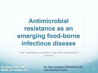 Antimicrobial
resistance as an
emerging food-borne
infectious disease
How “superbugs” are grown in big farms and spread to
humans

1

 