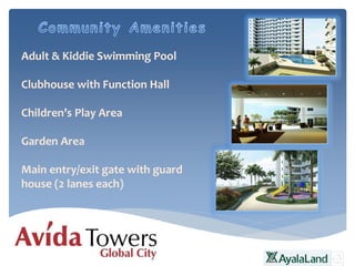 Adult & Kiddie Swimming Pool
Clubhouse with Function Hall
Children’s Play Area
Garden Area
Main entry/exit gate with guard
house (2 lanes each)
 