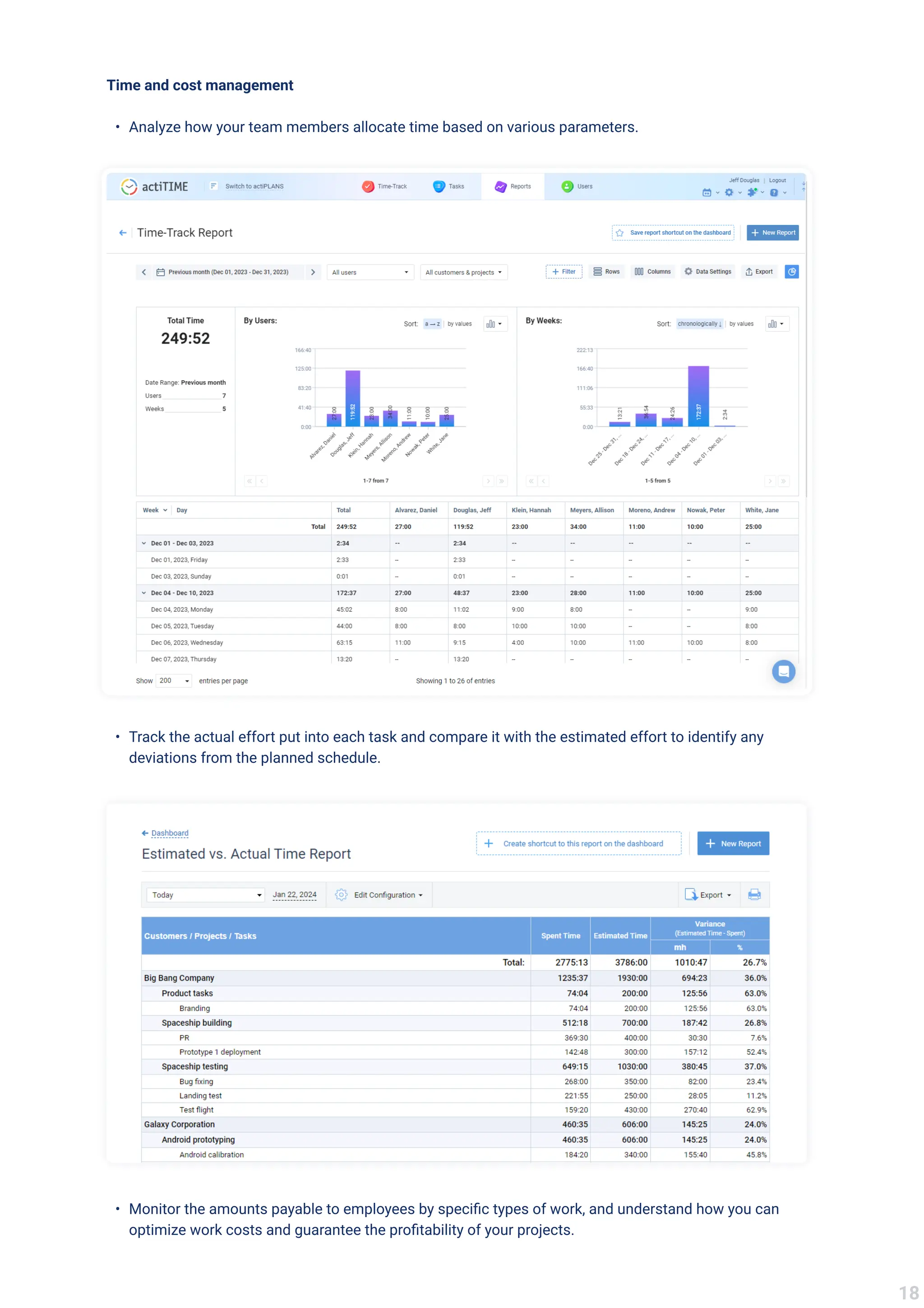 Time and cost managemen
Analyze how your team members allocate time based on various parameters.
Track the actual effort put into each task and compare it with the estimated effort to identify any
deviations from the planned schedule.
Monitor the amounts payable to employees by specific types of work, and understand how you can
optimize work costs and guarantee the profitability of your projects.
18
 