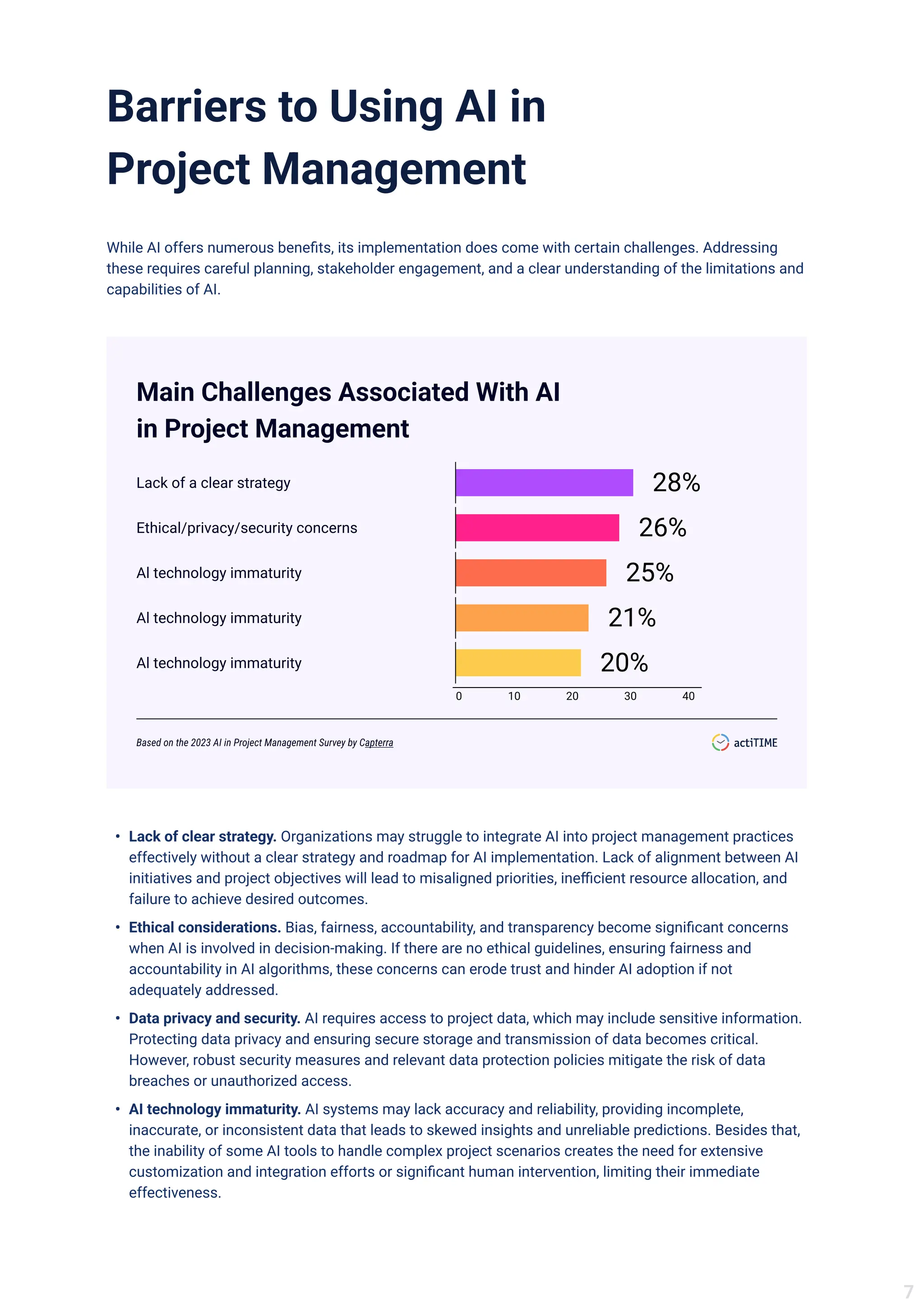 BarrierstoUsingAIin
ProjectManagement
WhileAIoffersnumerousbenefits,itsimplementationdoescomewithcertainchallenges.Addressing
theserequirescarefulplanning,stakeholderengagement,andaclearunderstandingofthelimitationsand
capabilitiesofAI.
MainChallengesAssociatedWithAI

inProjectManagement
Lackofaclearstrategy 28%
Ethical/privacy/securityconcerns 26%
Altechnologyimmaturity 25%
Altechnologyimmaturity 21%
Altechnologyimmaturity 20%
0 10 20 30 40
Basedonthe2023AIinProjectManagementSurveybyCapterra
Lackofclearstrategy.OrganizationsmaystruggletointegrateAIintoprojectmanagementpractices
effectivelywithoutaclearstrategyandroadmapforAIimplementation.LackofalignmentbetweenAI
initiativesandprojectobjectiveswillleadtomisalignedpriorities,inefficientresourceallocation,and
failuretoachievedesiredoutcomes.
Ethicalconsiderations.Bias,fairness,accountability,andtransparencybecomesignificantconcerns
whenAIisinvolvedindecision-making.Iftherearenoethicalguidelines,ensuringfairnessand
accountabilityinAIalgorithms,theseconcernscanerodetrustandhinderAIadoptionifnot
adequatelyaddressed.
Dataprivacyandsecurity.AIrequiresaccesstoprojectdata,whichmayincludesensitiveinformation.
Protectingdataprivacyandensuringsecurestorageandtransmissionofdatabecomescritical.
However,robustsecuritymeasuresandrelevantdataprotectionpoliciesmitigatetheriskofdata
breachesorunauthorizedaccess.
AItechnologyimmaturity.AIsystemsmaylackaccuracyandreliability,providingincomplete,
inaccurate,orinconsistentdatathatleadstoskewedinsightsandunreliablepredictions.Besidesthat,
theinabilityofsomeAItoolstohandlecomplex projectscenarioscreatestheneedforextensive
customizationandintegrationeffortsorsignificanthumanintervention,limitingtheirimmediate
effectiveness.
 