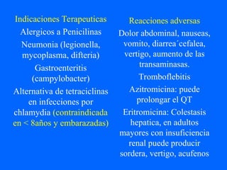 Indicaciones Terapeuticas
Alergicos a Penicilinas
Neumonia (legionella,
mycoplasma, difteria)
Gastroenteritis
(campylobacter)
Alternativa de tetraciclinas
en infecciones por
chlamydia (contraindicada
en < 8años y embarazadas)
Reacciones adversas
Dolor abdominal, nauseas,
vomito, diarrea´cefalea,
vertigo, aumento de las
transaminasas.
Tromboflebitis
Azitromicina: puede
prolongar el QT
Eritromicina: Colestasis
hepatica, en adultos
mayores con insuficiencia
renal puede producir
sordera, vertigo, acufenos
 