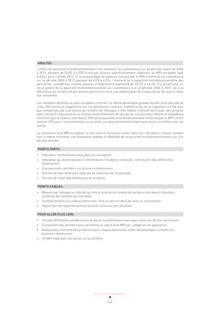 ACTUALITÉ & TENDANCES
147
ANALYSE:
L’indice de pauvreté multidimensionnelle s’est amélioré au Luxembourg sur la période allant de 2006
à 2012, passant de 0,032 à 0,029. Il est par ailleurs significativement supérieur au MPI européen égal
à 0,043 pour l’année 2012. Si le pourcentage de pauvres mesuré par le MPI a diminué au Luxembourg
sur la période 2006 à 2012, passant de 6,9% à 6,2%, l’intensité de la pauvreté multidimensionnelle des
personnes considérées comme pauvres a légèrement augmenté de 45,7% à 46,4%. Il y aurait ainsi un
recul global de la pauvreté multidimensionnelle au Luxembourg sur la période 2006 à 2012, dû à la
diminution du nombre de personnes pauvres et non à une amélioration du niveau de vie de ceux-ci dans
leur ensemble.
Les résultats détaillés au plan européen montrent la même dynamique globale durant cette période de
crise. Des reculs et stagnations sur les dimensions revenus, conditions de vie ou logement ont été plus
que compensés par une baisse du nombre de ménages à très faibles intensité de travail, des progrès
dans l’accès à l’éducation et un meilleur environnement du lieu de vie. Les données d’Alkire et d’Apablaza
montrent que le revenu contribue à 25% de la pauvreté multidimensionnelle mesurée par le MPI contre
environ 10% pour l’environnement ou la santé, ces deux dimensions étant ainsi moins corrélées avec les
autres.
La simulation d’un MPI européen, si elle montre certaines limites dans les indicateurs choisis, semble
bien à même d’estimer une évaluation globale et détaillée de la pauvreté multidimensionnelle sur une
période donnée.
POINTS FORTS:
»
» Indicateur multidimensionnel dans sa conception
»
» Indicateur qui donne plusieurs informations (incidence, intensité, contribution des différentes
dimensions)
»
» Une pauvreté «vérifiée» sur plusieurs dimensions
»
» Permet de fixer différents objectifs de réduction de la pauvreté
»
» Permet de cibler des dimensions prioritaires
POINTS FAIBLES:
»
» Mesure par ménage ou individu qui limite la prise en compte de certains indicateurs (résultats
scolaires des enfants par exemple)
»
» Système binaire sur chaque dimension: être ou non en-deçà du seuil ou en privation
»
» Impact fort de la pondération et du seuil choisi sur les résultats
POUR ALLER PLUS LOIN:
• Simuler différentes pondérations et seuils multidimensionnels pour s’assurer de leur pertinence
• Croisement des données pour permettre le calcul d’un MPI par catégories de population
• Analyse de l’intensité des privations pour chaque dimension et des désavantages cumulés sur
plusieurs dimensions
• Un MPI ciblé pour les jeunes ou les enfants
 