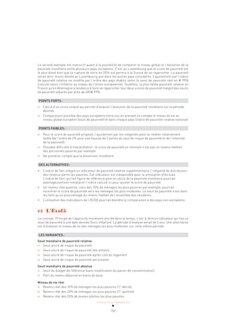 ACTUALITÉ & TENDANCES
152
Le second exemple est instructif quant à la possibilité de comparer le niveau global et l’évolution de la
pauvreté monétaire entre plusieurs pays européens. C’est au Luxembourg que le score de pauvreté est
le plus élevé bien que la rupture de série en 2016 est permis à la Suisse de se rapprocher. La pauvreté
serait donc moins élevée au Luxembourg que dans les autres pays considérés. L’ajustement par l’indice
de pauvreté relative ne modifie par l’ordre des pays établis selon le seuil de pauvreté réel en € PPA
(calculé selon l’inflation au niveau de l’Union européenne). Toutefois, la plus faible pauvreté relative en
France qu’en Allemagne a tendance à faire se rapprocher leur deux scores de pauvreté malgré des seuils
de pauvreté séparés par près de 400€ PPA.
POINTS FORTS:
» Calcul d’un score unique qui permet d’évaluer l’évolution de la pauvreté monétaire sur la période
désirée
» Comparaison possible des pays européens entre eux en prenant en compte le niveau de vie au
niveau global européen (seuil de pauvreté) et dans chaque pays (indice de pauvreté relative national)
POINTS FAIBLES:
» Pour le score de pauvreté proposé, l’ajustement par les inégalités peut se révéler relativement
faible (de l’ordre de 2% pour une hausse de 5 points du taux de risque de pauvreté et de l’intensité
de la pauvreté)
» Possible difficulté d’interprétation: le score de pauvreté en montant n’est pas un revenu médian
des personnes pauvres par exemple
» Ne prend en compte que la dimension monétaire
DES ALTERNATIVES:
• L’indice de Sen intègre un indicateur de pauvreté relative supplémentaire, l’inégalité de distribution
des revenus parmi les pauvres. Cet indicateur est indisponible pour la simulation effectuée.
L’indice de Sen, qui fait figure de référence pour le calcul de la pauvreté monétaire pourrait
avantageusement remplacer l’indice calculé ici pour ajuster le score de pauvreté.
• Un revenu interquantile, celui des 10% de ménages les plus pauvres par exemple, pourrait
recentrer le score de pauvreté vers les ménages les plus modestes. Le seuil de pauvreté n’est dans
les faits qu’un pourcentage du revenu médian de l’ensemble des résidents.
• L’utilisation des indicateurs de l’OCDE pourrait étendre la comparaison à des pays non européens.
e) L’Évol5
Le concept: Principe de l’approche monétaire ancrée dans le temps, c’est-à-dire un indicateur qui fixe un
seuil de pauvreté à une date donnée (hors inflation). La période d’analyse serait de 5 ans. Une alternative
est d’analyser le niveau de vie des ménages les plus modestes sur cette même période.
LES VARIANTES:
Seuil monétaire de pauvreté relative
» Seuil ancré de risque de pauvreté
» Seuil ancré de risque de pauvreté des enfants
» Seuil ancré de risque de pauvreté après coût du logement
» Seuil ancré de risque de pauvreté persistante
Seuil monétaire de pauvreté absolue
» Seuil du budget de référence (sans modification du panier de consommation)
» Part du revenu dépensé en biens de base
Niveau de vie réel
» Revenu réel des 10% de ménages les plus pauvres (1er
décile)
» Revenu réel des 20% de ménages les plus pauvres (1er
quintile)
» Revenu réel des 20% de jeunes adultes les plus pauvres
 