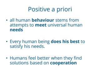 Positive a priori
• all human behaviour stems from
attempts to meet universal human
needs
• Every human being does his best to
satisfy his needs.
• Humans feel better when they find
solutions based on cooperation
 
