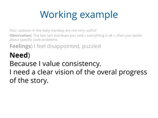 Working example
Your updates in the daily standup are not very useful”
Observation) The two last standups you said « everything is ok », then you spoke
about specific code problems.
Feelings) I feel disappointed, puzzled
Need)
Because I value consistency.
I need a clear vision of the overal progress
of the story.
 