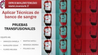 Aplicar Técnicas de
     banco de sangre
         PRUEBAS
     TRANSFUSIONALES

EQUIPO #8:

•   AMAVIZCA DANIELA •   MARTHA NAYELI

•   BURGUEÑO CESAR   •   MENDOZA ANDREA

•   FLORES MELISSA   •   POLANCO ANA
 