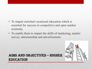 Aims and objectives – higher
education
• To impart enriched vocational education which is
essential for success in competitive and open market
economy,
• To enable them to impart the skills of marketing, market
survey, salesmanship and advertisement,
 