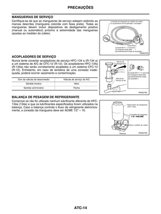 PRECAUÇÕES

MANGUEIRAS DE SERVIÇO
Certifique-se de que as mangueiras de serviço estejam exibindo as
marcas descritas (mangueira colorida com faixa preta). Todas as
mangueiras devem incluir dispositivos de desligamento positivo
(manual ou automático) próximo à extremidade das mangueiras
opostas ao medidor do coletor.




                                                                       RHA272D

ACOPLADORES DE SERVIÇO
Nunca tente conectar acopladores de serviço HFC-134 a (R-134 a)
a um sistema de A/C de CFC-12 (R-12). Os acopladores HFC-134a
(R-134a) não serão corretamente acoplados a um sistema CFC-12
(R-12). Entretanto, em caso de tentativa de uma conexão inade-
quada, poderá ocorrer vazamento e contaminação.

    Giro da válvula de desconexão       Válvula de serviço do A/C
           Sentido horário                        Abre
         Sentido anti-horário                    Fecha

                                                                       RHA273D

BALANÇA DE PESAGEM DE REFRIGERANTE
Comprove se não foi utilizado nenhum lubrificante diferente de HFC-
134a (134a) e que os lubrificantes especificados foram utilizados na
balança. Caso a balança controle o fluxo de refrigerante eletronica-
mente, a conexão da mangueira deve ser ACME 1/2” – 16.




                                                                       RHA274D




                                                  ATC-14
 