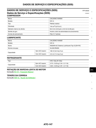 DADOS DE SERVIÇO E ESPECIFICAÇÕES (SDS)

DADOS DE SERVIÇO E ESPECIFICAÇÕES (SDS)                                                                  PFP:00030
                                                                                                                       A
Dados de Serviço e Especificações (SDS)                                                                     EJS006D5


COMPRESSOR
 Marca                                                  CALSONIC KANSEI                                                B
 Modelo                                                 CR-14
 Tipo                                                   Palheta rotativa
                                                                                                                       C
 Cilindrada                                             144 cm3 (8.79 in3 )
 Diâmetro interno do cilindro                           64.2 mm (2.53 pol.) x 9.9 mm (0.39 pol.)
 Sentido de giro                                        Horário (visto da extremidade de acionamento)                  D
 Correia de acionamento                                 Poly-V (7 estrias)

LUBRIFICANTE                                                                                                           E

 Marca                                                  CALSONIC KANSEI
 Modelo                                                 CR-14
                                                                                                                       F
 Nome                                                   NISSAN A/C Sistema Lubrificante Tipo S (DH-PS)
 Número de peça                                         KLH00-PAGS0

                                     Sem A/C traseiro   180 m (6.3 Imp fl oz)
                                                                                                                       G
 Capacidade
                                     Com A/C traseiro   210 m (7.4 Imp fl oz)
                                                                                                                       H
REFRIGERANTE
 Tipo                                                   HFC 134a (R-134a)
                                     Sem A/C traseiro   0.70 ± 0.05 kg (1.54 ± 0.11 lb)                                 I
 Capacidade
                                     Com A/C traseiro   0.85 ± 0.05 kg (1.87 ± 0.11 lb)

ROTAÇÃO DE MARCHA-LENTA DO MOTOR                                                                                        J
                                                                                                                       ATC
Consulte EC-41, "Inspeção Básica".

TENSÃO DA CORREIA                                                                                                      K
Consulte EM-15, "Ajuste de Deflexão".

                                                                                                                        L



                                                                                                                       M




                                                 ATC-147
 