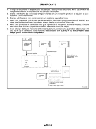 LUBRIFICANTE

4.   Coloque o refrigerante no dispositivo de recuperação / reciclagem de refrigerante. Meça a quantidade de
     refrigerante colocada no dispositivo de recuperação / reciclagem.
5.   Drene o lubrificante do compressor antigo (removido) em um recipiente graduado e recupere a quan-
     tidade de lubrificante drenado.
6.   Drene o lubrificante do novo compressor em um recipiente separado e limpo.
7.   Meça uma quantidade igual àquela que foi drenada do compressor antigo para adicionar ao novo. Adi-
     cione este lubrificante ao novo compressor através da abertura do orifício de sucção.
8.   Meça uma quantidade de lubrificante novo igual àquela que foi recuperada durante a descarga. Adicione
     este lubrificante ao novo compressor através da abertura do orifício de sucção.
9.   Caso o tanque de líquido necessite também ser substituído, adicione uma quantidade adicional de 5 ml
     (0,2 imp fl oz) de lubrificante neste momento. Não adicione 5 ml (0,2 Imp fl oz) de lubrificante caso
     esteja apenas substituindo o compressor.




                                                                                                   RHA065DI




                                                 ATC-26
 
