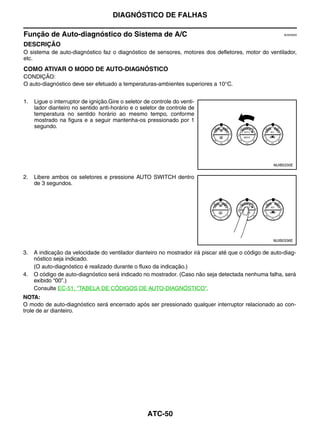 DIAGNÓSTICO DE FALHAS

Função de Auto-diagnóstico do Sistema de A/C                                                            BJS0000X


DESCRIÇÃO
O sistema de auto-diagnóstico faz o diagnóstico de sensores, motores dos defletores, motor do ventilador,
etc.
COMO ATIVAR O MODO DE AUTO-DIAGNÓSTICO
CONDIÇÃO:
O auto-diagnóstico deve ser efetuado a temperaturas-ambientes superiores a 10°C.


1.   Ligue o interruptor de ignição.Gire o seletor de controle do venti-
     lador dianteiro no sentido anti-horário e o seletor de controle de
     temperatura no sentido horário ao mesmo tempo, conforme
     mostrado na figura e a seguir mantenha-os pressionado por 1
     segundo.




                                                                                                    MJIB0335E


2.   Libere ambos os seletores e pressione AUTO SWITCH dentro
     de 3 segundos.




                                                                                                    MJIB0336E


3.   A indicação da velocidade do ventilador dianteiro no mostrador irá piscar até que o código de auto-diag-
     nóstico seja indicado.
     (O auto-diagnóstico é realizado durante o fluxo da indicação.)
4.   O código de auto-diagnóstico será indicado no mostrador. (Caso não seja detectada nenhuma falha, será
     exibido “00”.)
     Consulte EC-51, "TABELA DE CÓDIGOS DE AUTO-DIAGNÓSTICO".
NOTA:
O modo de auto-diagnóstico será encerrado após ser pressionado qualquer interruptor relacionado ao con-
trole de ar dianteiro.




                                                    ATC-50
 