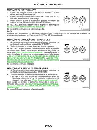 DIAGNÓSTICO DE FALHAS

INSPEÇÃO DE RECIRCULAÇÃO
1.  Pressione o interruptor de recirculação (   ) uma vez. O indica-
    dor de recirculação deve acender.
2. Pressione o interruptor de recirculação (     ) mais uma vez. O
    indicador de recirculação deve apagar.
3. Preste atenção quanto à mudança de posição do defletor de
    entrada (o ruído do ventilador deve mudar levemente).
Se NEGATIVO, passe ao procedimento de diagnóstico de falha para
EC-73, "Circuito do Motor do Defletor de Entrada".
Se estiver OK, continue com a próxima inspeção.                                         MJIB0339E
NOTA:
Confirme se a embreagem do compressor está acoplada (inspeção sonora ou visual) e se o defletor de
entrada está posicionado em Fresco quando DEF ou D/F for selecionado.

INSPEÇÃO DE DIMINUIÇÃO DE TEMPERATURA
1.   Gire o seletor de controle de temperatura (lado do motorista) no
     sentido anti-horário até que seja exibido 18°C (60°F).
2. Verifique quanto a ar frio nos defletores de ar apropriados.
Se NEGATIVO, ouça o ruído do funcionamento do motor do defletor
de mistura de ar. Se OK, passe ao procedimento de diagnóstico de
falha para EC-89, "Arrefecimento Insuficiente". Caso pareça que o
motor do defletor de mistura de ar esteja apresentando falha, passe
a EC-67, "PROCEDIMENTO DE DIAGNÓSTICO DO MOTOR DO
DEFLETOR DE MISTURA DE AR (MOTORISTA)" ou EC-69, "PRO-                                   MJIB0340E
CEDIMENTO DE DIAGNÓSTICO DO MOTOR DO DEFLETOR DE
MISTURA DE AR (PASSAGEIRO)".
Se estiver OK, continue a inspeção.

INSPEÇÃO DE AUMENTO DE TEMPERATURA
1.  Gire o seletor de controle de temperatura (lado do motorista) no
    sentido horário até que seja exibido 32°C (90°F).
2. Verifique quanto a ar quente nos defletores de ar apropriados.
    ● Se NEGATIVO, ouça o ruído do funcionamento do motor do
       defletor de mistura de ar. Se OK, passe ao procedimento de
       diagnóstico de falha para EC-96, "Aquecimento Insuficiente".
Caso pareça que o motor do defletor de mistura de ar esteja apre-
sentando falha, passe a EC-69, "PROCEDIMENTO DE DIAGNÓS-
TICO DO MOTOR DO DEFLETOR DE MISTURA DE AR
(PASSAGEIRO)".                                                                           MJIB0341E
Se estiver OK, continue com a próxima inspeção.




                                                  ATC-54
 