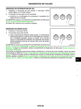 DIAGNÓSTICO DE FALHAS

INSPEÇÃO DO INTERRUPTOR DE A/C
                                                                                                              A
1.  Pressione o interruptor de A/C quando o interruptor AUTO
    estiver ligado, ou no modo manual.
2. O indicador do interruptor de A/C acenderá.
    ● Confirme se a embreagem do compressor é acoplada (ins-
                                                                                                              B
       peção sonora ou visual).
Se NEGATIVO, passe ao procedimento de diagnóstico de falha para
EC-83, "Circuito da Embreagem Magnética".                                                                     C
Se estiver OK, continue com a próxima inspeção.
                                                                                                 MJIB0342E
                                                                                                              D
INSPEÇÃO DO MODO AUTO
1.   Pressione o interruptor AUTO.
                                                                                                              E
2.   O mostrador deve exibir AUTO.
     ● Caso a temperatura-ambiente esteja quente, e a temperatura
       selecionada seja fria, confirme se a embreagem do compres-
                                                                                                              F
       sor é acoplada (inspeção sonora ou visual). (O ar de des-
       carga e a velocidade do ventilador irão depender das tempe-
       raturas-ambientes internas do veículo, bem como da tempe-
       ratura ajustada.                                                                                       G
Se NEGATIVO, passe ao procedimento de diagnóstico de falha para                                  MJIB0336E
EC-56, "Circuito de Alimentação e Massa do Controle de Ar
Dianteiro", a seguir, se necessário, efetue o procedimento de diagnóstico de falha para EC-83, "Circuito da   H
Embreagem Magnética".
Caso todos as inspeções operacionais estejam satisfatórias (o sintoma não pode repetido), passe aos testes
de simulação de falha em EC-36, "Como Efetuar o Diagnóstico de Falhas para uma Reparação Precisa e             I
Rápida" e efetue os testes conforme indicado para simular o ambiente das condições de condução. Caso o
sintoma apareça, consulte EC-36, "Como Efetuar o Diagnóstico de Falhas para uma Reparação Precisa e
Rápida", EC-37, "TABELA DE SINTOMAS" e efetue os procedimentos aplicáveis de diagnóstico de falha.
                                                                                                               J
                                                                                                              ATC


                                                                                                              K


                                                                                                               L



                                                                                                              M




                                                ATC-55
 